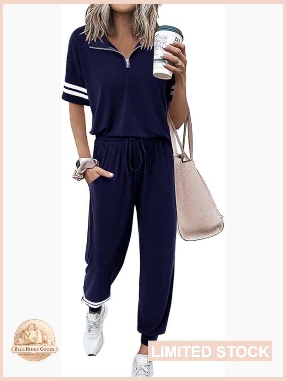 Quarter Zip Short Sleeve Top Long Pants Tracksuit Jogger Lounge Set 2 Piece